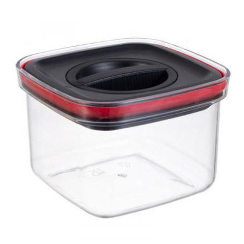 Recipiente pentru alimente de baza, gustari si cereale - Cutie de depozitare alimente, cutie de tip container, recipient pentru cereale in bucatarie, s 11.5 x 11.5 x 8 cm, volum 600 ml, transparenta cu capac negru