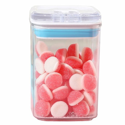 Recipiente pentru alimente de baza, gustari si cereale - Cutie de depozitare alimente, tip container, 0.8l, 10x10x15.5 cm, recipiente pentru cereale in bucatarie,  transparente cu capac alb-albastru