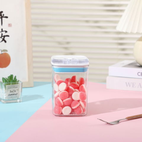 Cutie de depozitare alimente, tip container, 0.8l, 10x10x15.5 cm, recipiente pentru cereale in bucatarie,  transparente cu capac alb-albastru [1]