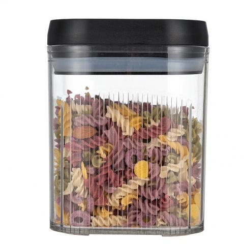 Recipiente pentru alimente de baza, gustari si cereale - Cutie de depozitare alimente, tip container, 1.3l, recipiente pentru cereale in bucatarie,  transparente cu capac negru