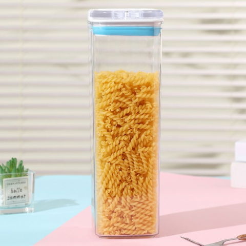 Cutie de depozitare alimente, tip container, 1.9l, 10x10x30.5 cm, recipiente pentru cereale in bucatarie,  transparente cu capac alb-albastru [1]