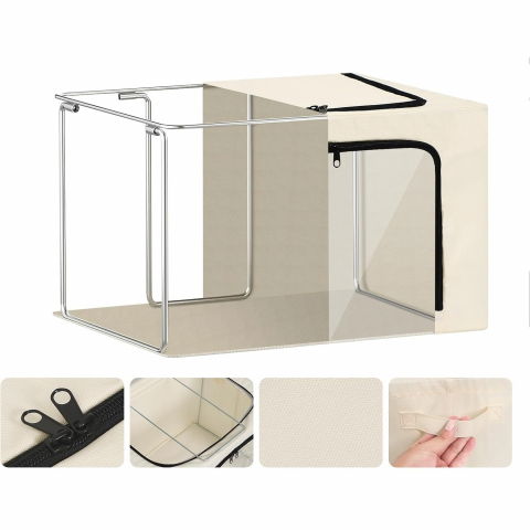 Cutie de depozitare, cu 3 ferestre cu fermoar bidirectional, cadru din otel, impermeabil, 38l, 42 x 30 x 30 cm, bej [4]