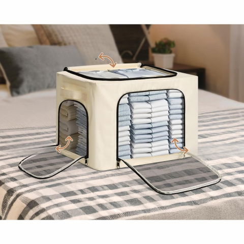 Cutie de depozitare, cu 3 ferestre cu fermoar bidirectional, cadru din otel, impermeabil, 38l, 42 x 30 x 30 cm, bej [2]