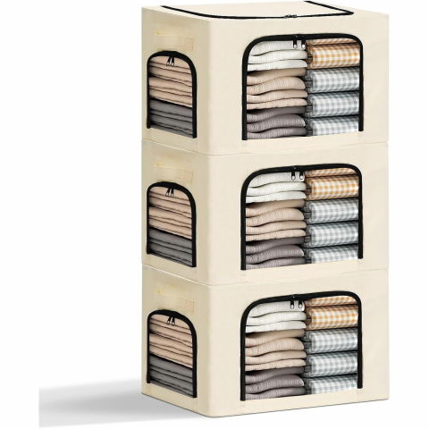 Cutie de depozitare, cu 3 ferestre cu fermoar bidirectional, cadru din otel, impermeabil, 38l, 42 x 30 x 30 cm, bej [5]