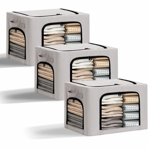 Cutie de depozitare, cu 3 ferestre cu fermoar bidirectional, cadru din otel, impermeabil, 38l, 42 x 30 x 30 cm, gri [5]