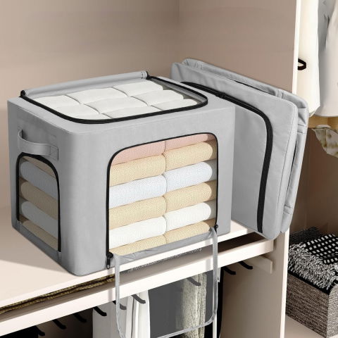 Cutie de depozitare, cu 3 ferestre cu fermoar bidirectional, cadru din otel, impermeabil, 38l, 42 x 30 x 30 cm, gri [2]