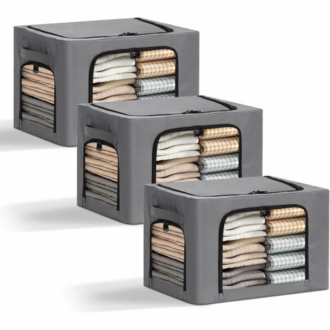 Cutie de depozitare, cu 3 ferestre cu fermoar bidirectional, cadru din otel, impermeabil, 38l, 42 x 30 x 30 cm, gri inchis [2]