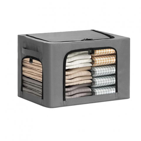 Cutii depozitare/M/cu fereastra si acces triplu - Cutie de depozitare, cu 3 ferestre cu fermoar bidirectional, cadru din otel, impermeabil, 38l, 42 x 30 x 30 cm, gri inchis