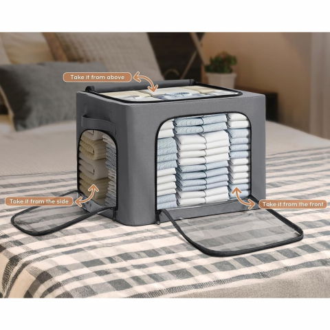 Cutie de depozitare, cu 3 ferestre cu fermoar bidirectional, cadru din otel, impermeabil, 38l, 42 x 30 x 30 cm, gri inchis [3]