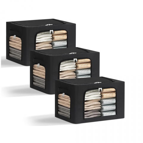Cutie de depozitare, cu 3 ferestre cu fermoar bidirectional, cadru din otel, impermeabil, 38l, 42 x 30 x 30 cm, negru [7]