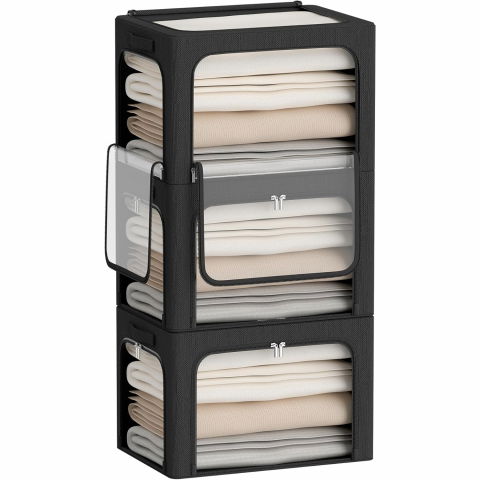 Cutie de depozitare, cu 3 ferestre cu fermoar bidirectional, cadru din otel, impermeabil, 38l, 42 x 30 x 30 cm, negru [4]