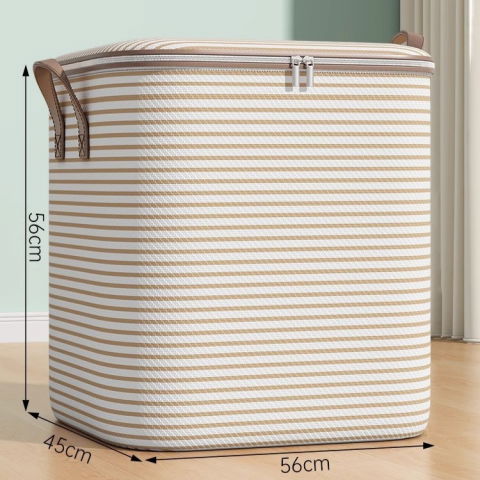 Cutie de depozitare cu fermoar, pliabila, maner ranforsat, fermoar rezistent, pentru haine, paturi, plapume, perne, lenjerii de pat, jucarii, 56x45x56 cm, 150 litri, in dungi, bej [1]