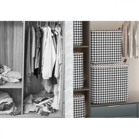 Cutie de depozitare cu fermoar, pliabila, maner ranforsat, fermoar rezistent, pentru haine, paturi, plapumi, perne, lenjerii de pat, jucarii, 40x50x50 cm, 100 litri, in carouri, alb-negru [7]