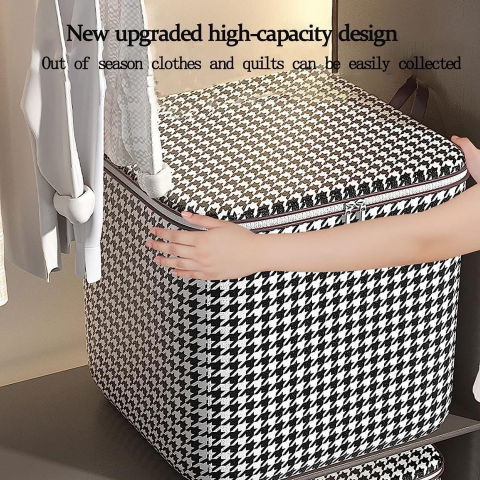 Cutie de depozitare cu fermoar, pliabila, maner ranforsat, fermoar rezistent, pentru haine, paturi, plapumi, perne, lenjerii de pat, jucarii, 56x45x56 cm, 140 litri, in carouri, alb-negru [6]