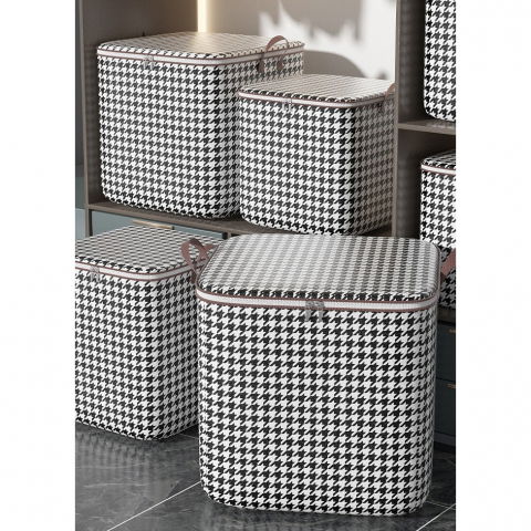 Cutie de depozitare cu fermoar, pliabila, maner ranforsat, fermoar rezistent, pentru haine, paturi, plapumi, perne, lenjerii de pat, jucarii, 56x45x56 cm, 140 litri, in carouri, alb-negru [11]