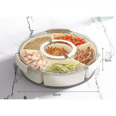 Cutie de depozitare pentru alimente, cu 6 compartimente, pentru condimente, fructe, legume, cu manere de prindere, rotativa 360 de grade, inchidere ermetica, 32x8 cm, alba [16]