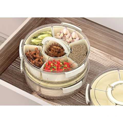 Cutie de depozitare pentru alimente, cu 6 compartimente, pentru condimente, fructe, legume, cu manere de prindere, rotativa 360 de grade, inchidere ermetica, 32x8 cm, alba [7]