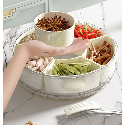 Cutie de depozitare pentru alimente, cu 6 compartimente, pentru condimente, fructe, legume, cu manere de prindere, rotativa 360 de grade, inchidere ermetica, 32x10 cm, alba [16]