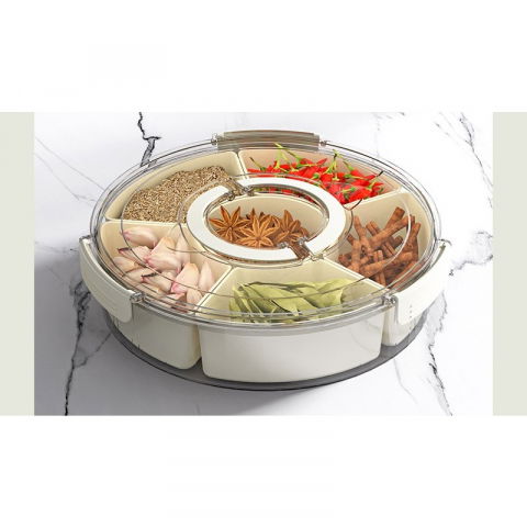 Cutie de depozitare pentru alimente, cu 6 compartimente, pentru condimente, fructe, legume, cu manere de prindere, rotativa 360 de grade, inchidere ermetica, 32x10 cm, alba [7]