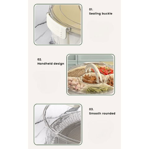 Cutie de depozitare pentru alimente, cu 6 compartimente, pentru condimente, fructe, legume, cu manere de prindere, rotativa 360 de grade, inchidere ermetica, 32x8 cm, alba [2]