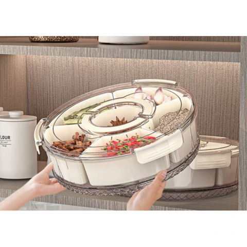 Cutie de depozitare pentru alimente, cu 6 compartimente, pentru condimente, fructe, legume, cu manere de prindere, rotativa 360 de grade, inchidere ermetica, 32x10 cm, alba [9]