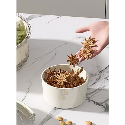 Cutie de depozitare pentru alimente, cu 6 compartimente, pentru condimente, fructe, legume, cu manere de prindere, rotativa 360 de grade, inchidere ermetica, 32x8 cm, alba [14]