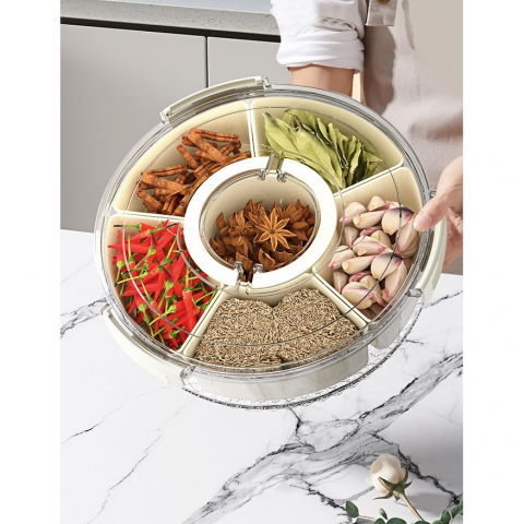 Cutie de depozitare pentru alimente, cu 6 compartimente, pentru condimente, fructe, legume, cu manere de prindere, rotativa 360 de grade, inchidere ermetica, 32x8 cm, alba [11]