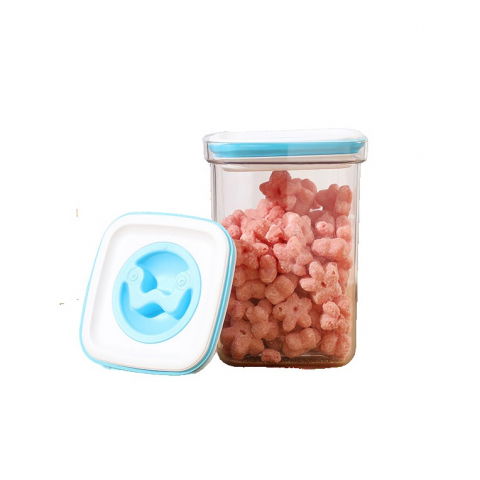 Recipiente pentru alimente de baza, gustari si cereale - Cutie de depozitare pentru bucatarie, 1.3l, din abs+pet+silicon, capac alb/albastru, 11.5 x 15 x 8 cm, transparent
