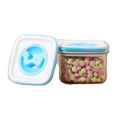 Recipiente pentru alimente de baza, gustari si cereale - Cutie de depozitare pentru bucatarie, 600 ml, din abs+pet+silicon, capac alb/albastru, 11.5 x 8 x 8 cm, transparent