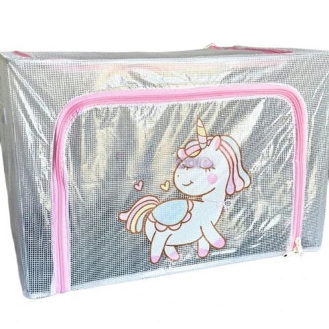 Cutii depozitare/XL/transparenta si acces dublu - Cutie de depozitare, pentru camera copiilor, 100l, din pvc, model unicorn, 60 x 42 x 40 cm, transparent