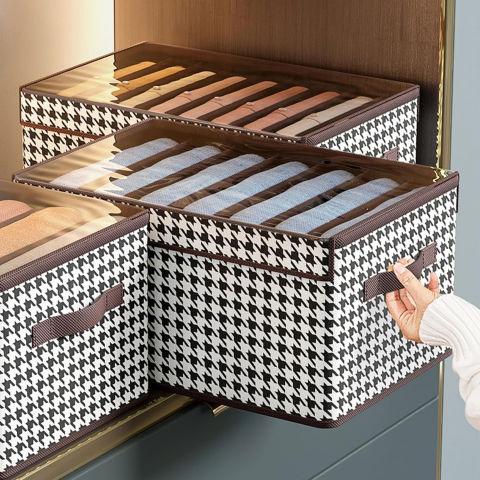 Cutie de depozitare, pentru haine, lenjerie, sosete si sutiene, material textil, 6 compartimente, 44x30x20 cm, culoare alb-negru [7]