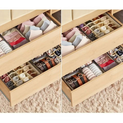 Cutie de depozitare, pentru lenjerie, sosete si sutiene, material textil, 24 compartimente, 32 x 32 x 10 cm, culoare bej [1]