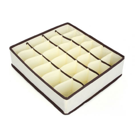 Pentru haine și lenjerie - Cutie de depozitare, pentru lenjerie, sosete si sutiene, material textil, 24 compartimente, 32 x 32 x 10 cm, culoare bej