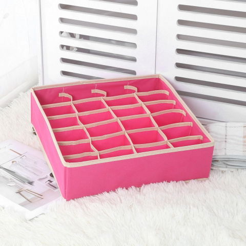 Cutie de depozitare, pentru lenjerie, sosete si sutiene, material textil, 24 compartimente, 32 x 32 x 10 cm, culoare roz [3]