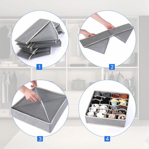 Cutie de depozitare, pentru lenjerie, sosete si sutiene, material textil, 6 compartimente, 32 x 16 x 10 cm, culoare gri [4]