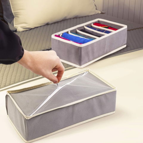 Cutie de depozitare, pentru lenjerie, sosete si sutiene, material textil, 6 compartimente, 32 x 16 x 10 cm, culoare gri [6]