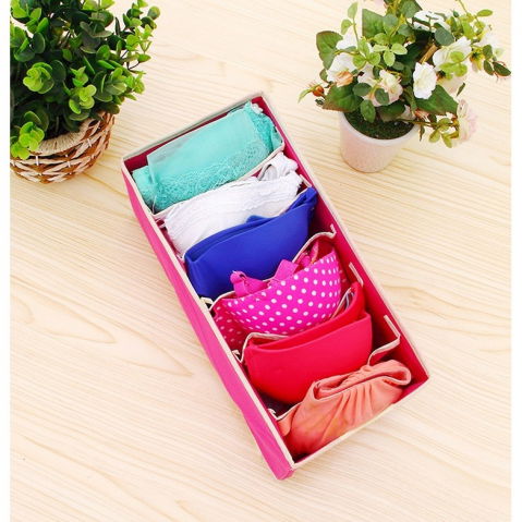 Cutie de depozitare, pentru lenjerie, sosete si sutiene, material textil, 6 compartimente, 32 x 16 x 10 cm, culoare roz [1]