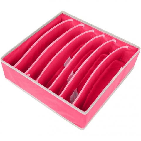 Pentru haine și lenjerie - Cutie de depozitare, pentru lenjerie, sosete si sutiene, material textil, 7 compartimente, 32 x 32 x 10 cm, culoare roz
