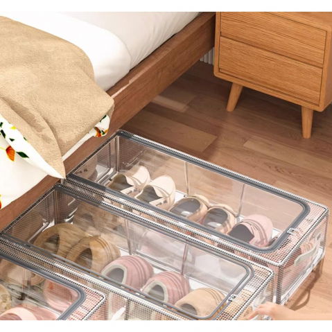 Cutie de depozitare pentru pantofi, flippy, 40x30x21 cm, din plasa pvc impermeabila si cadru de otel, pliabila, fermoar bidirectional, transparenta [2]