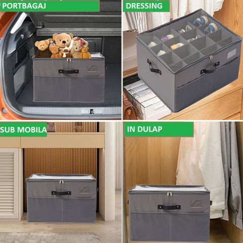 Cutie de depozitare pentru pantofi, flippy, 53x42x33 cm, cu capac transparent si fermoar, din panza oxford, pliabila, gri [5]