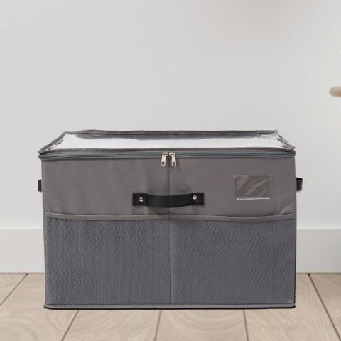 Cutie de depozitare pentru pantofi, flippy, 53x42x33 cm, cu capac transparent si fermoar, din panza oxford, pliabila, gri [3]