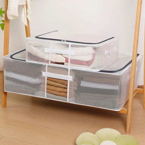 Cutie de depozitare, pentru pantofi haine, din plasa pvc impermeabila si manere laterale, pliabila, fermoar bidirectional, 50 x 40 x 15 cm, transparenta [2]