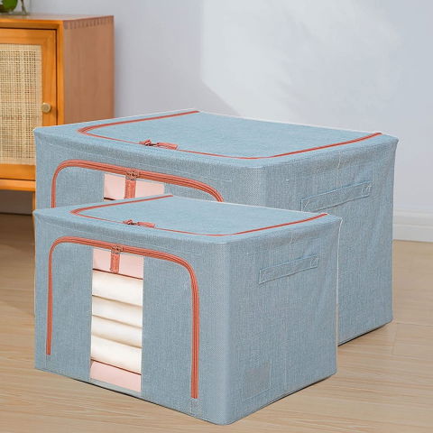 Cutie de depozitare pliabila, 100 l, din bumbac si in, 60x42x40 cm, 2 ferestre, frontala si laterala, 2 usi de acces cu fermoar bidirectional, cadru metalic, suport baza stabil din plastic, bleu [3]