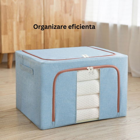Cutie de depozitare pliabila, 100 l, din bumbac si in, 60x42x40 cm, 2 ferestre, frontala si laterala, 2 usi de acces cu fermoar bidirectional, cadru metalic, suport baza stabil din plastic, bleu [5]