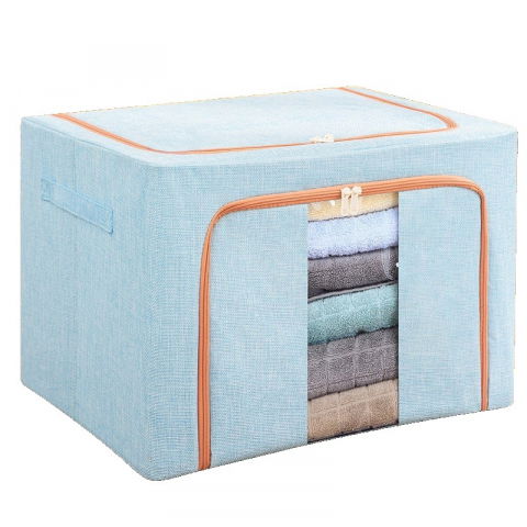 Organizare pentru casă - Cutie de depozitare pliabila, 100 l, din bumbac si in, 60x42x40 cm, 2 ferestre, frontala si laterala, 2 usi de acces cu fermoar bidirectional, cadru metalic, suport baza stabil din plastic, bleu
