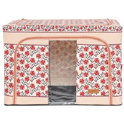 Organizare pentru casă - Cutie de depozitare pliabila,100 l din bumbac si in, 60x42x40 cm, fereastra frontala, 2 usi de acces cu fermoar bidirectional, cadru metalic, suport baza stabil din plastic, motiv traditional model 4