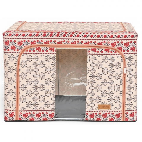 Organizare pentru casă - Cutie de depozitare pliabila,100 l din bumbac si in, 60x42x40 cm, fereastra frontala, 2 usi de acces cu fermoar bidirectional, cadru metalic, suport baza stabil din plastic, motiv traditional model 3