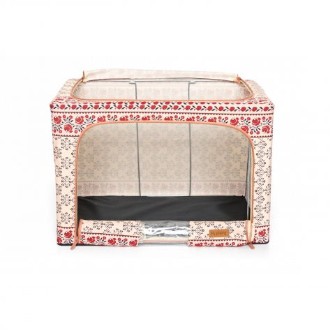 Cutie de depozitare pliabila,100 l din bumbac si in, 60x42x40 cm, fereastra frontala, 2 usi de acces cu fermoar bidirectional, cadru metalic, suport baza stabil din plastic, motiv traditional model 3 [7]