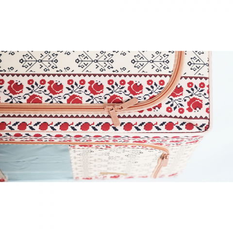 Cutie de depozitare pliabila,100 l din bumbac si in, 60x42x40 cm, fereastra frontala, 2 usi de acces cu fermoar bidirectional, cadru metalic, suport baza stabil din plastic, motiv traditional model 3 [3]