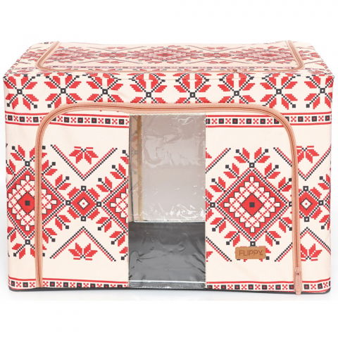 Organizare pentru casă - Cutie de depozitare pliabila,100 l din bumbac si in, 60x42x40 cm, fereastra frontala, 2 usi de acces cu fermoar bidirectional, cadru metalic, suport baza stabil din plastic, motiv traditional model 2